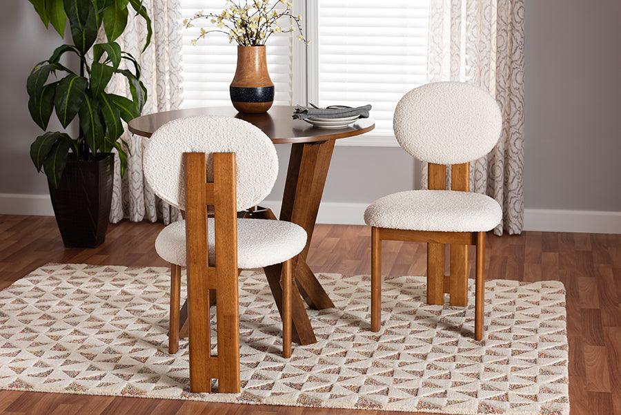 Baxton Studio Kacela Modern Japandi Cream Boucle Fabric and Walnut Brown Finished Wood 2-Piece Dining Chair Set FredCo