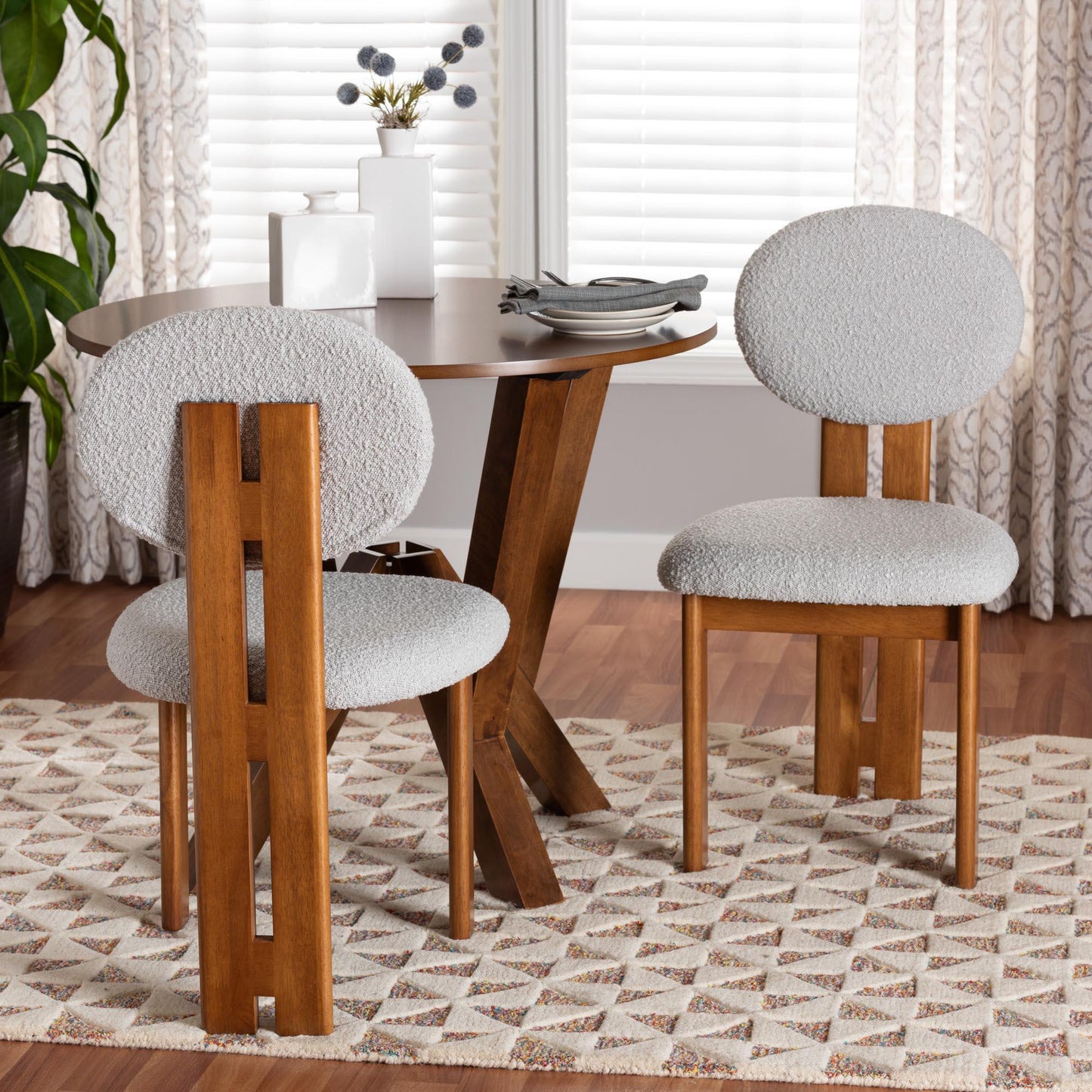 Baxton Studio Kacela Modern Japandi Light Grey Boucle Fabric and Walnut Brown Finished Wood 2-Piece Dining Chair Set FredCo
