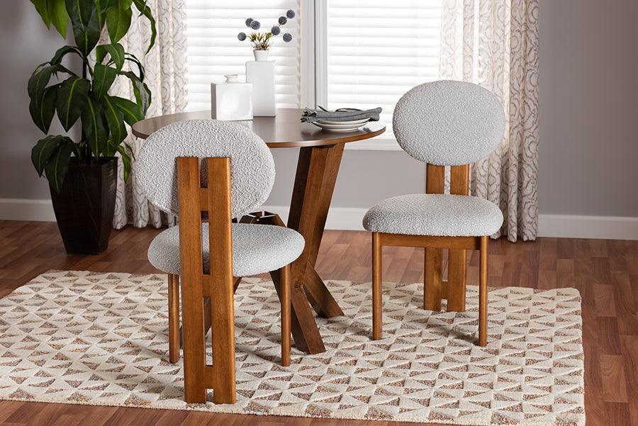 Baxton Studio Kacela Modern Japandi Light Grey Boucle Fabric and Walnut Brown Finished Wood 2-Piece Dining Chair Set FredCo