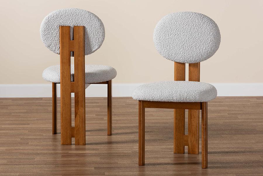 Baxton Studio Kacela Modern Japandi Light Grey Boucle Fabric and Walnut Brown Finished Wood 2-Piece Dining Chair Set FredCo