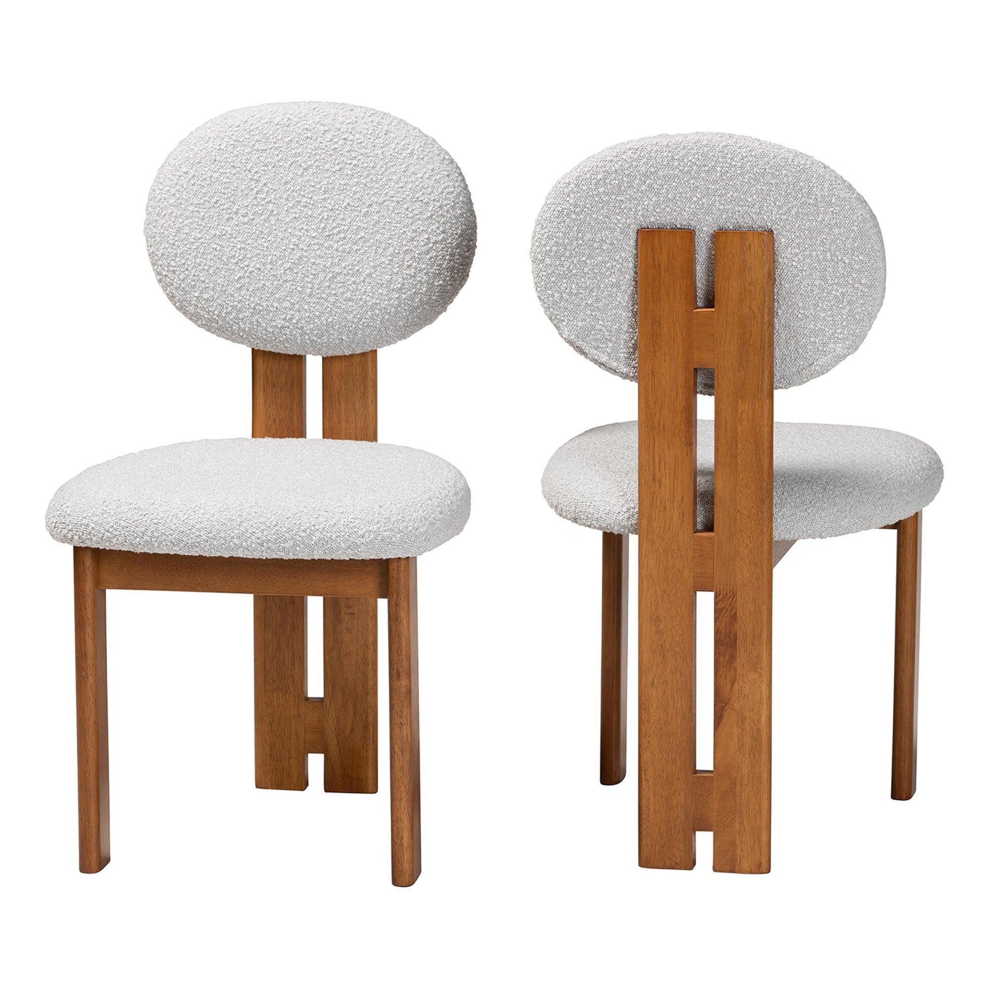 Baxton Studio Kacela Modern Japandi Light Grey Boucle Fabric and Walnut Brown Finished Wood 2-Piece Dining Chair Set FredCo