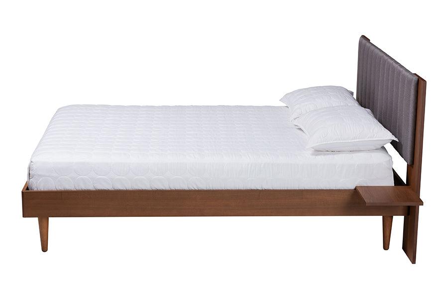 Baxton Studio Kalista Transitional Modern Grey Fabric and Walnut Brown Wood Queen Size Bed with Built-In Side Tables FredCo