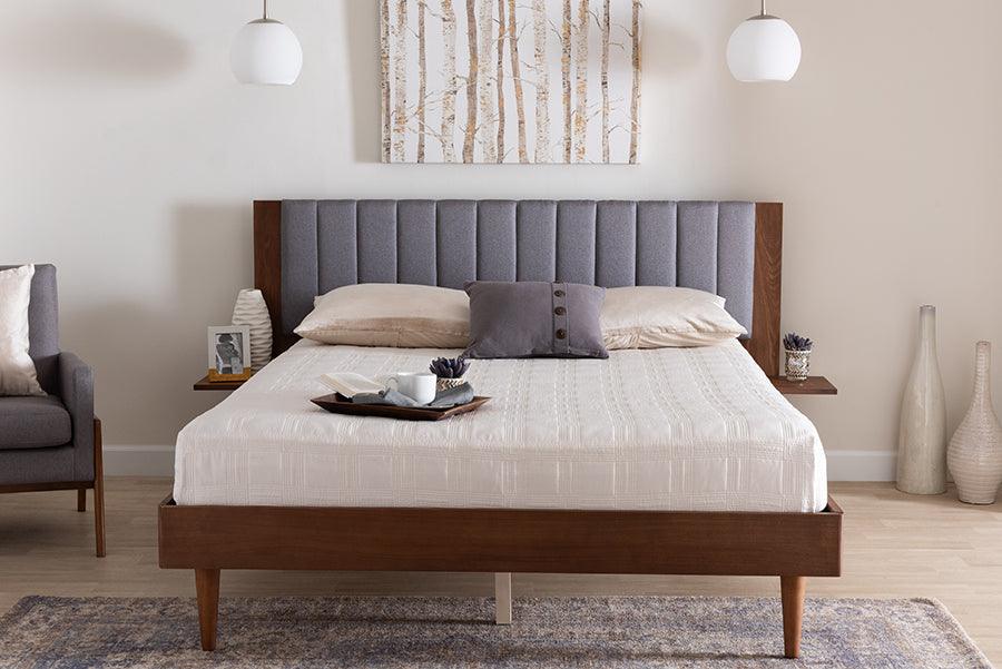 Baxton Studio Kalista Transitional Modern Grey Fabric and Walnut Brown Wood Queen Size Bed with Built-In Side Tables FredCo