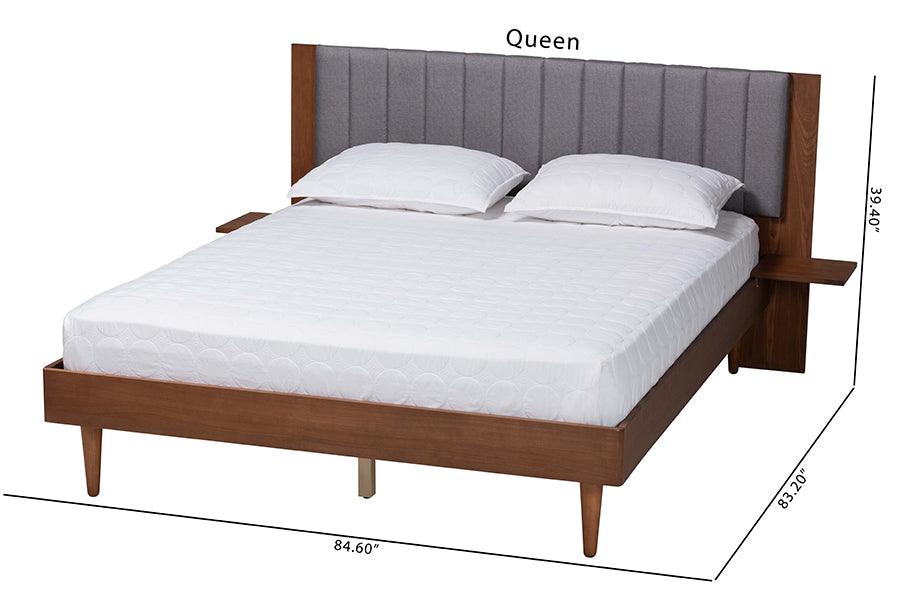Baxton Studio Kalista Transitional Modern Grey Fabric and Walnut Brown Wood Queen Size Bed with Built-In Side Tables FredCo