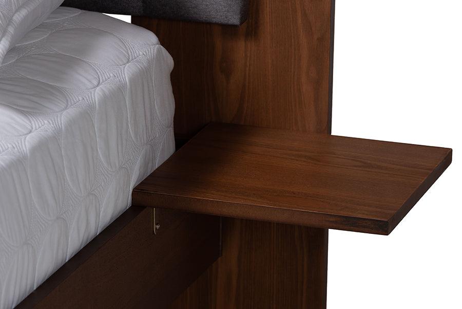 Baxton Studio Kalista Transitional Modern Grey Fabric and Walnut Brown Wood Queen Size Bed with Built-In Side Tables FredCo