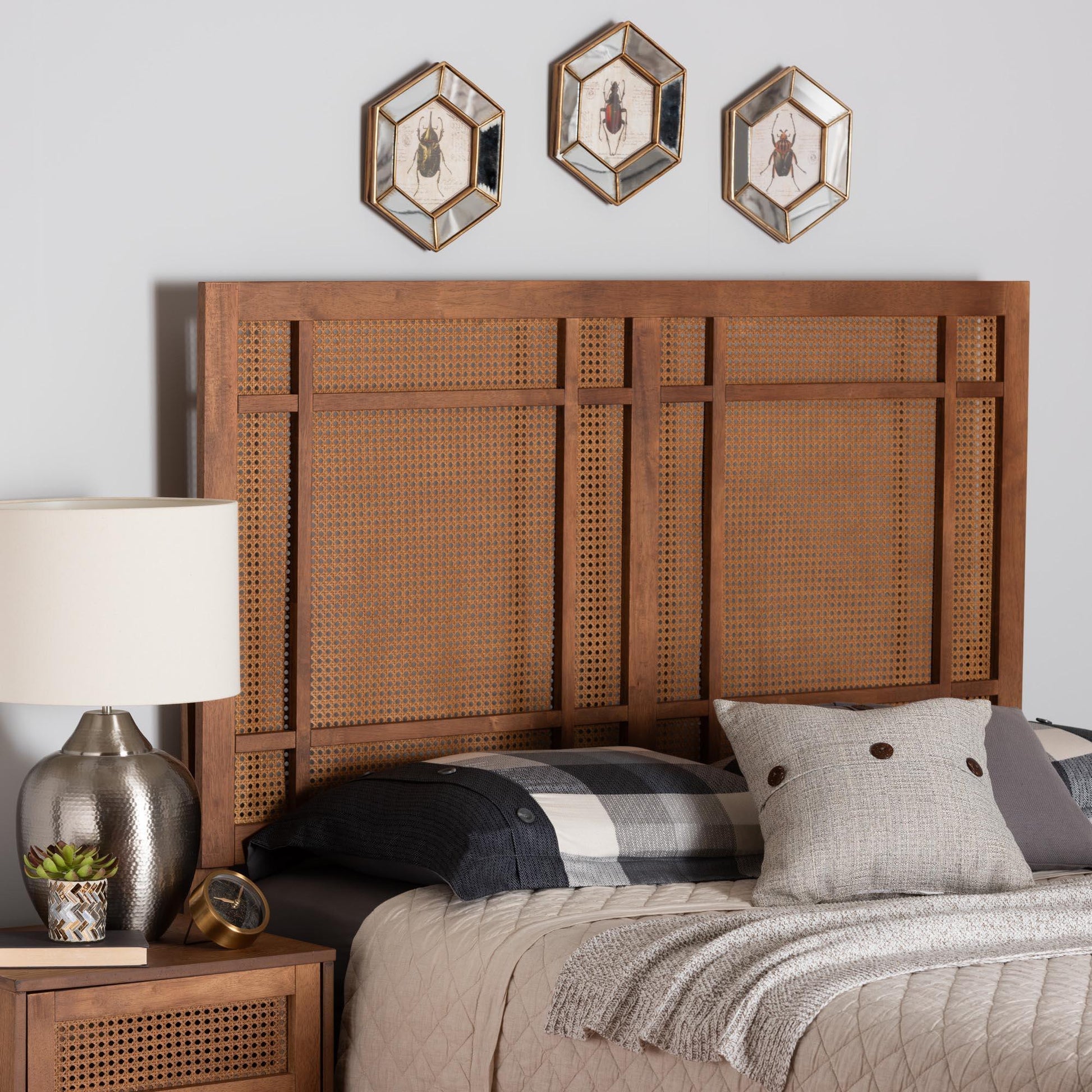 Baxton Studio Katrice Mid-Century Modern Ash Walnut Finished Wood Headboard with Rattan FredCo