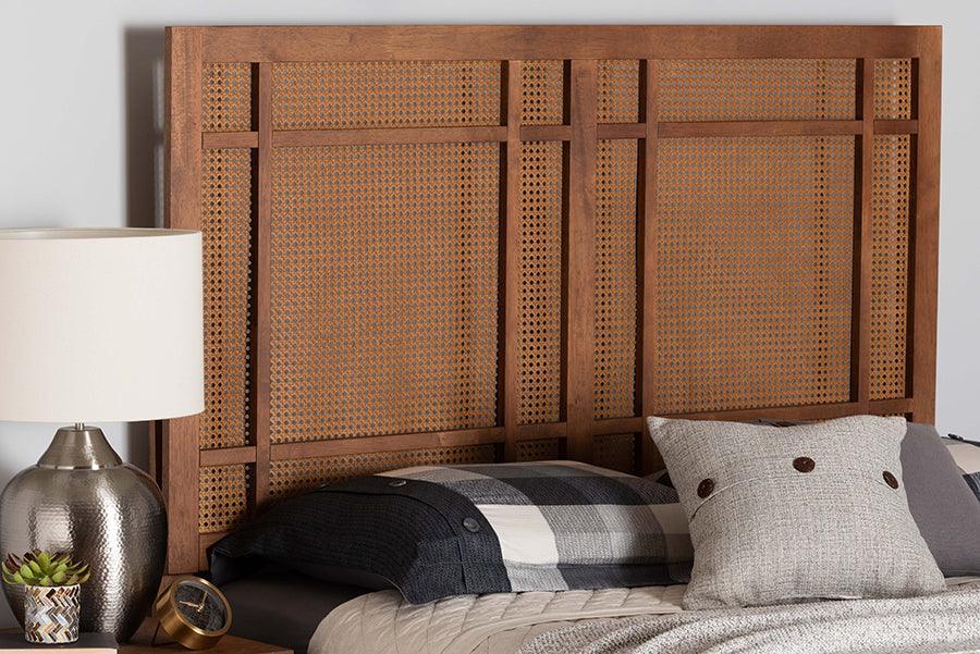 Baxton Studio Katrice Mid-Century Modern Ash Walnut Finished Wood Headboard with Rattan FredCo