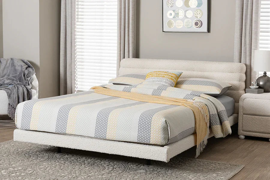Baxton Studio King Alfie Boucle Floating Bed with Channel Tufted Headboard - Low Profile Minimalist Platform Bed Frame, Cream FredCo