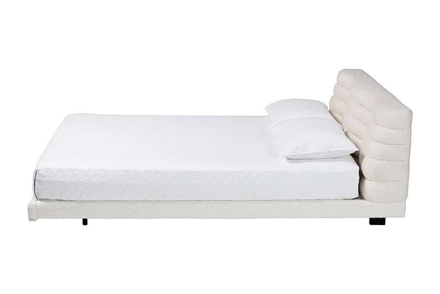 Baxton Studio King Alfie Boucle Floating Bed with Channel Tufted Headboard - Low Profile Minimalist Platform Bed Frame, Cream FredCo