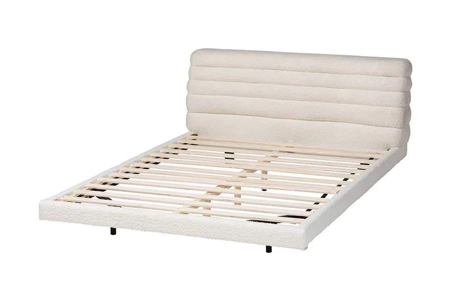 Baxton Studio King Alfie Boucle Floating Bed with Channel Tufted Headboard - Low Profile Minimalist Platform Bed Frame, Cream FredCo