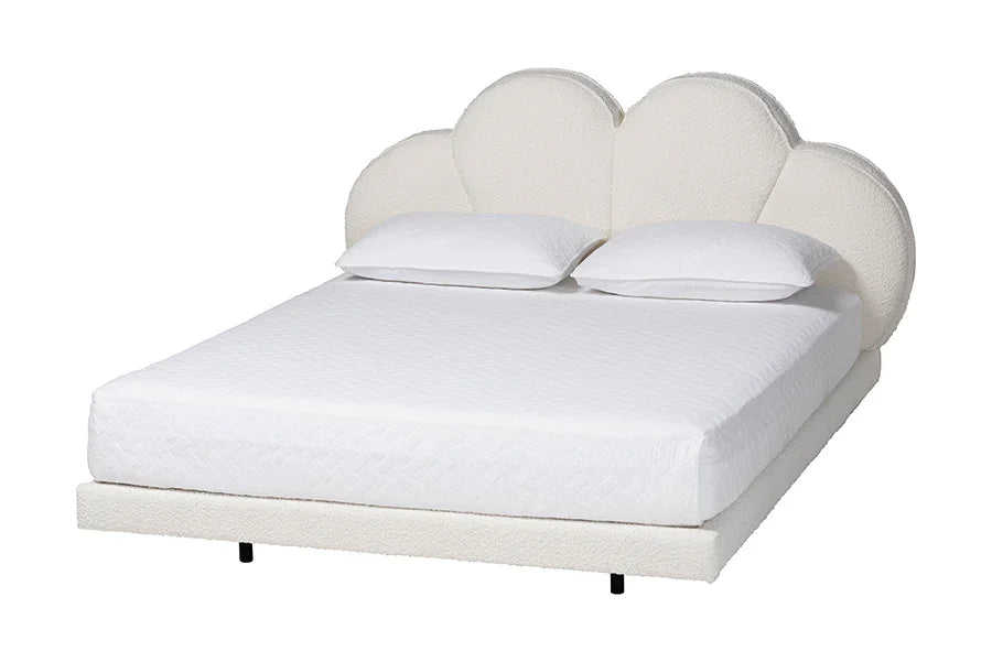Baxton Studio King Barrera Floating Platform Bed with Scalloped Headboard - Low Profile Minimalist Boucle Upholstered Bed Frame, Cream FredCo