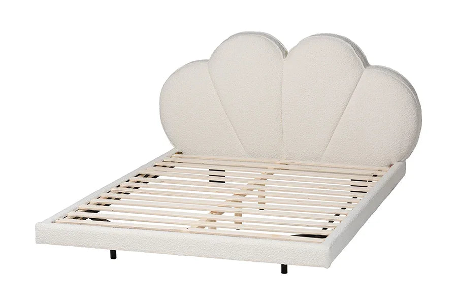 Baxton Studio King Barrera Floating Platform Bed with Scalloped Headboard - Low Profile Minimalist Boucle Upholstered Bed Frame, Cream FredCo