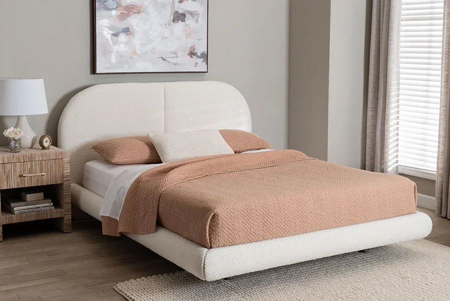 Baxton Studio King Cachet Floating Platform Bed with Rounded Headboard - Low Profile Minimalist Boucle Upholstered Bed Frame, Cream FredCo