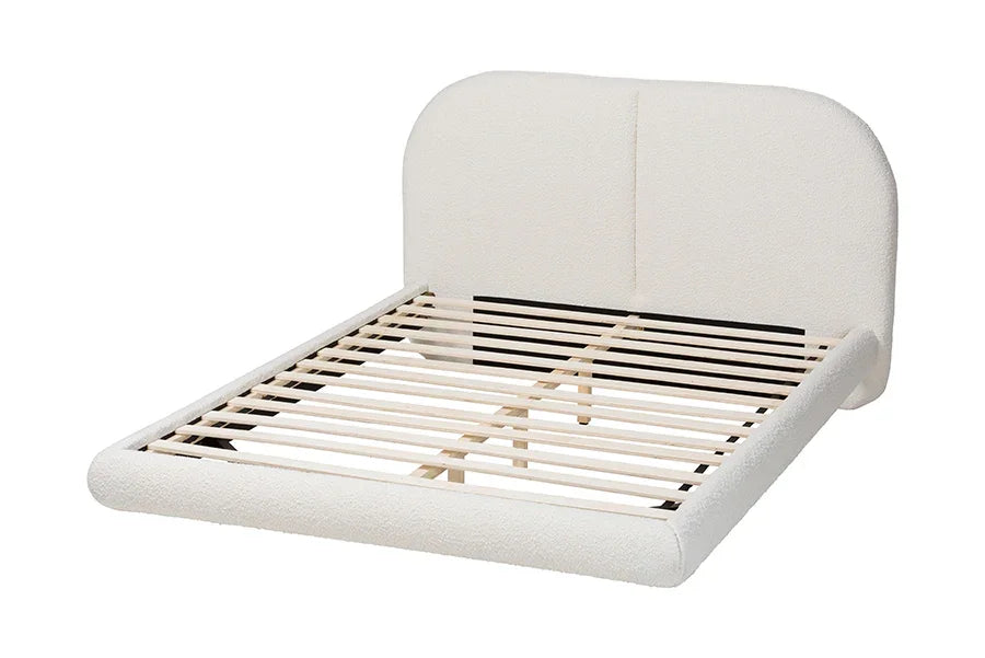 Baxton Studio King Cachet Floating Platform Bed with Rounded Headboard - Low Profile Minimalist Boucle Upholstered Bed Frame, Cream FredCo