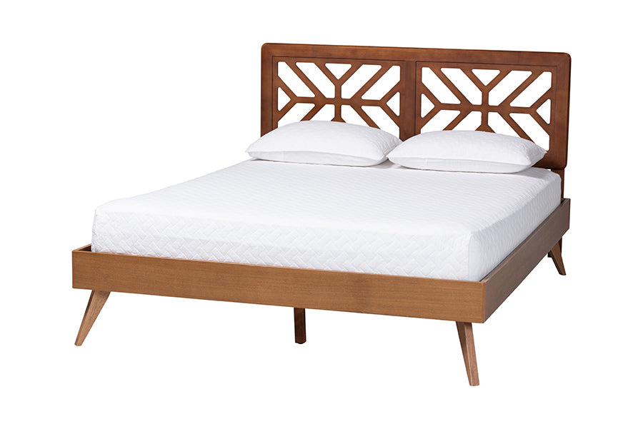 Mid-century modern wooden bed frame with geometric headboard and white bedding, FredCo International