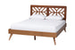 Mid-century modern wooden bed frame with geometric headboard and white bedding, FredCo International
