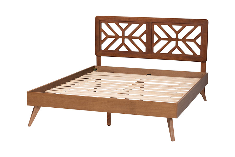 Mid-century modern wooden bed frame with geometric headboard design from FredCo International