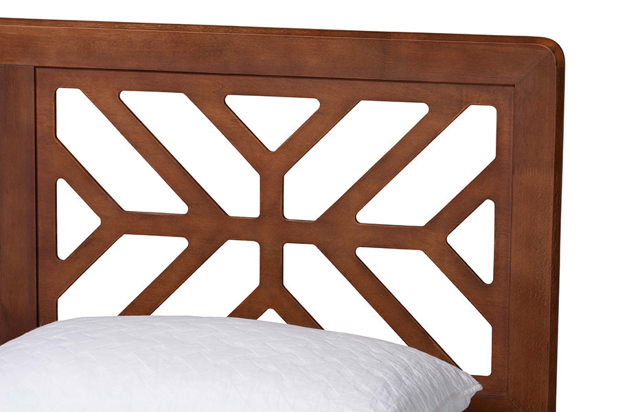 Modern wooden bed headboard with geometric cutout design and white bedding, FredCo International