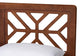 Modern wooden bed headboard with geometric cutout design and white bedding, FredCo International