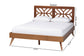 Mid-century modern queen bed frame with geometric wood headboard, shown with measurements