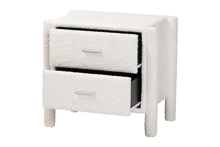 Baxton Studio Laria Modern White Teddy-Bear Fabric 2-Drawer Nightstand FredCo