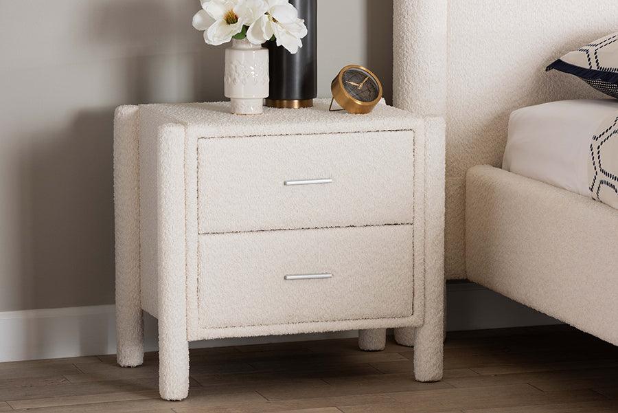 Baxton Studio Laria Modern White Teddy-Bear Fabric 2-Drawer Nightstand FredCo