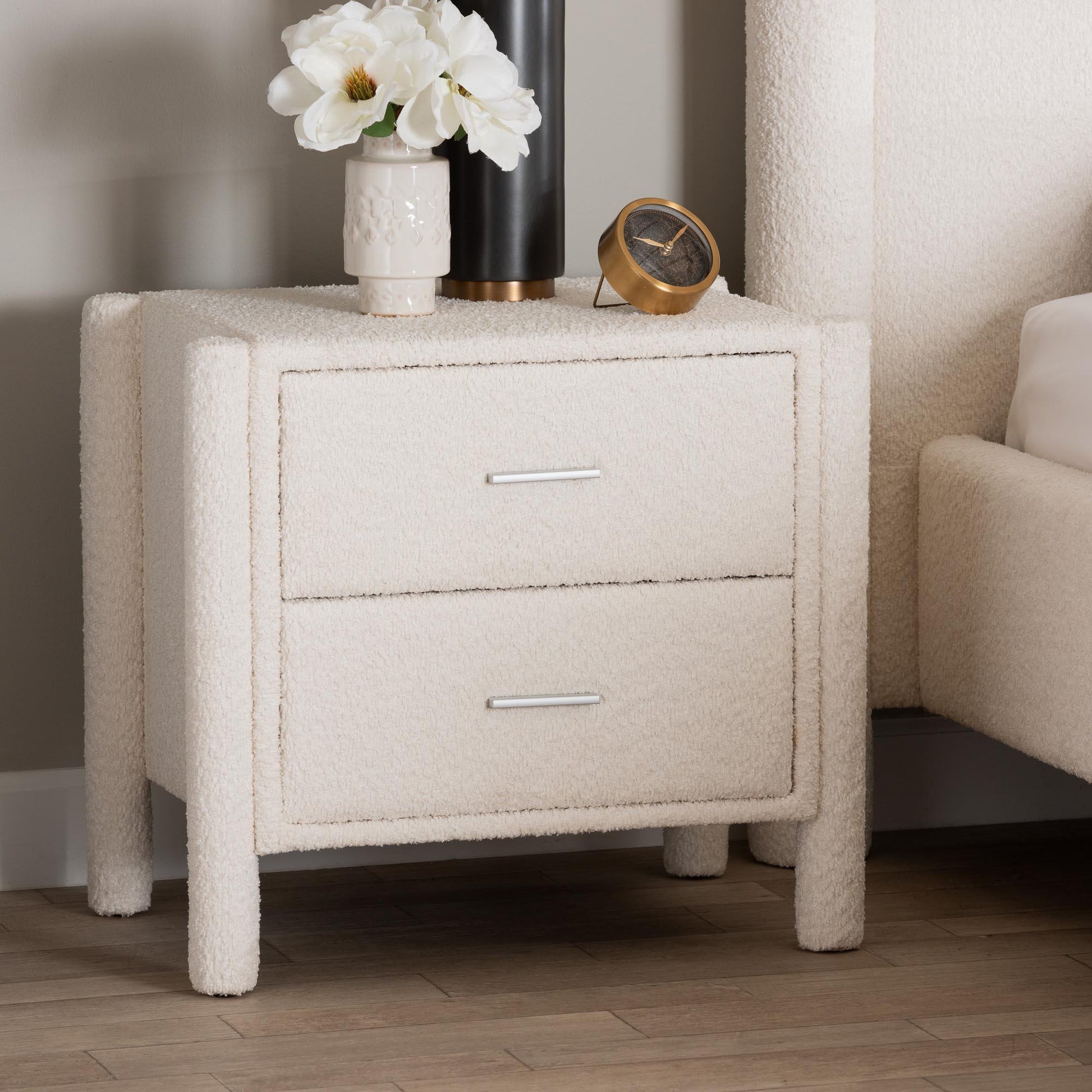 Baxton Studio Laria Modern White Teddy-Bear Fabric 2-Drawer Nightstand FredCo