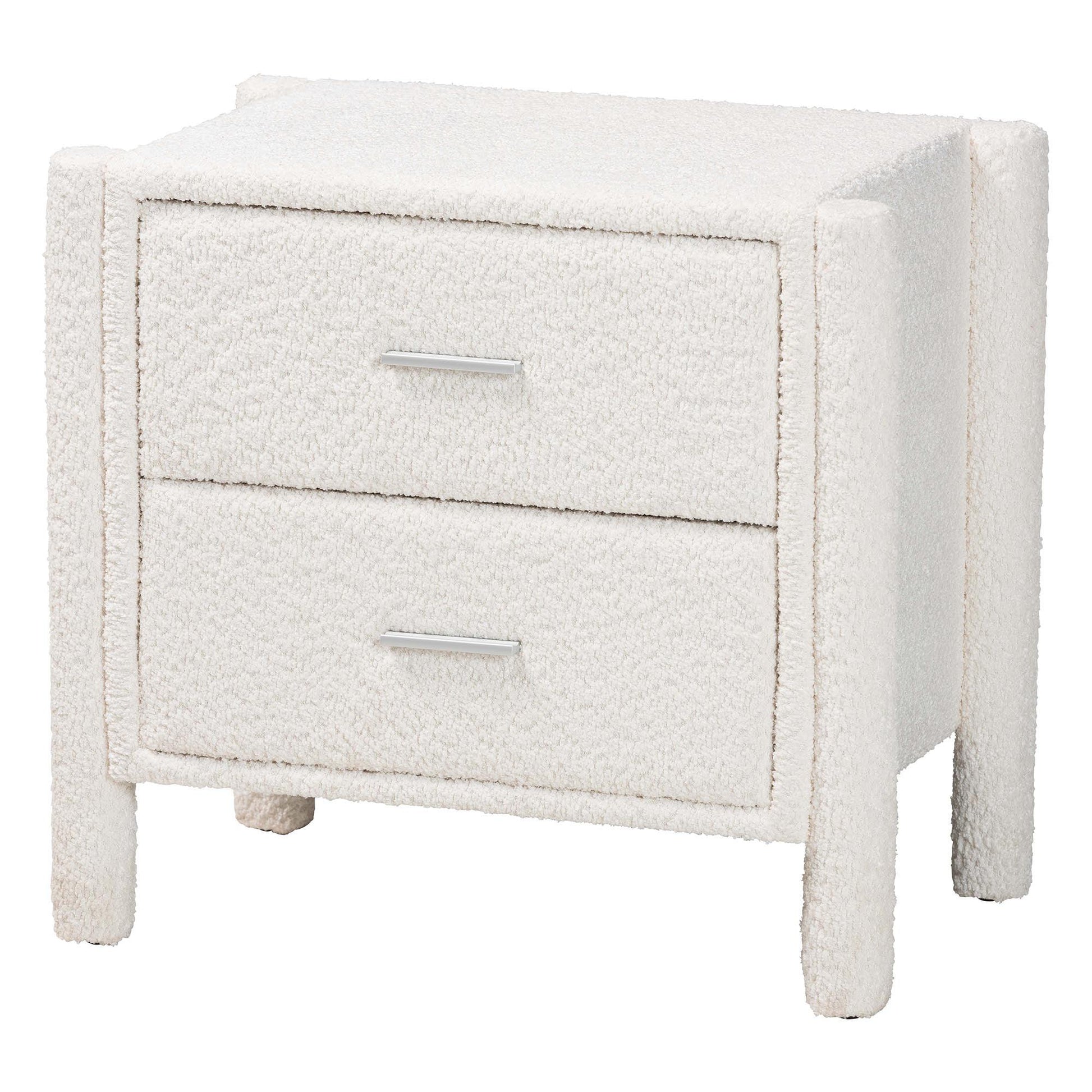 Baxton Studio Laria Modern White Teddy-Bear Fabric 2-Drawer Nightstand FredCo
