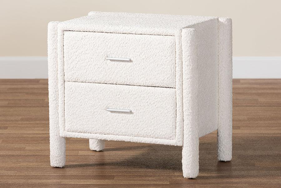 Baxton Studio Laria Modern White Teddy-Bear Fabric 2-Drawer Nightstand FredCo