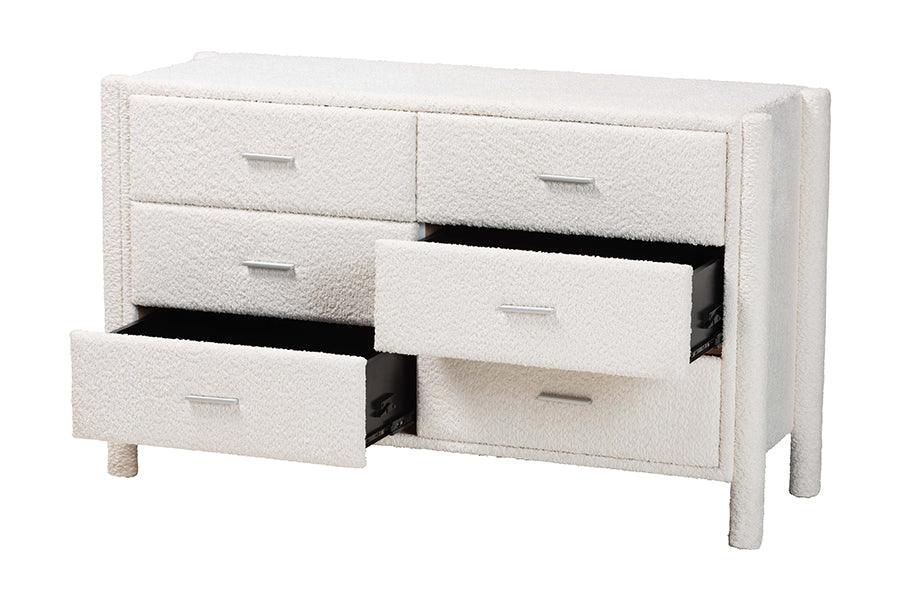 Baxton Studio Laria Modern White Teddy-Bear Fabric 6-Drawer Dresser FredCo