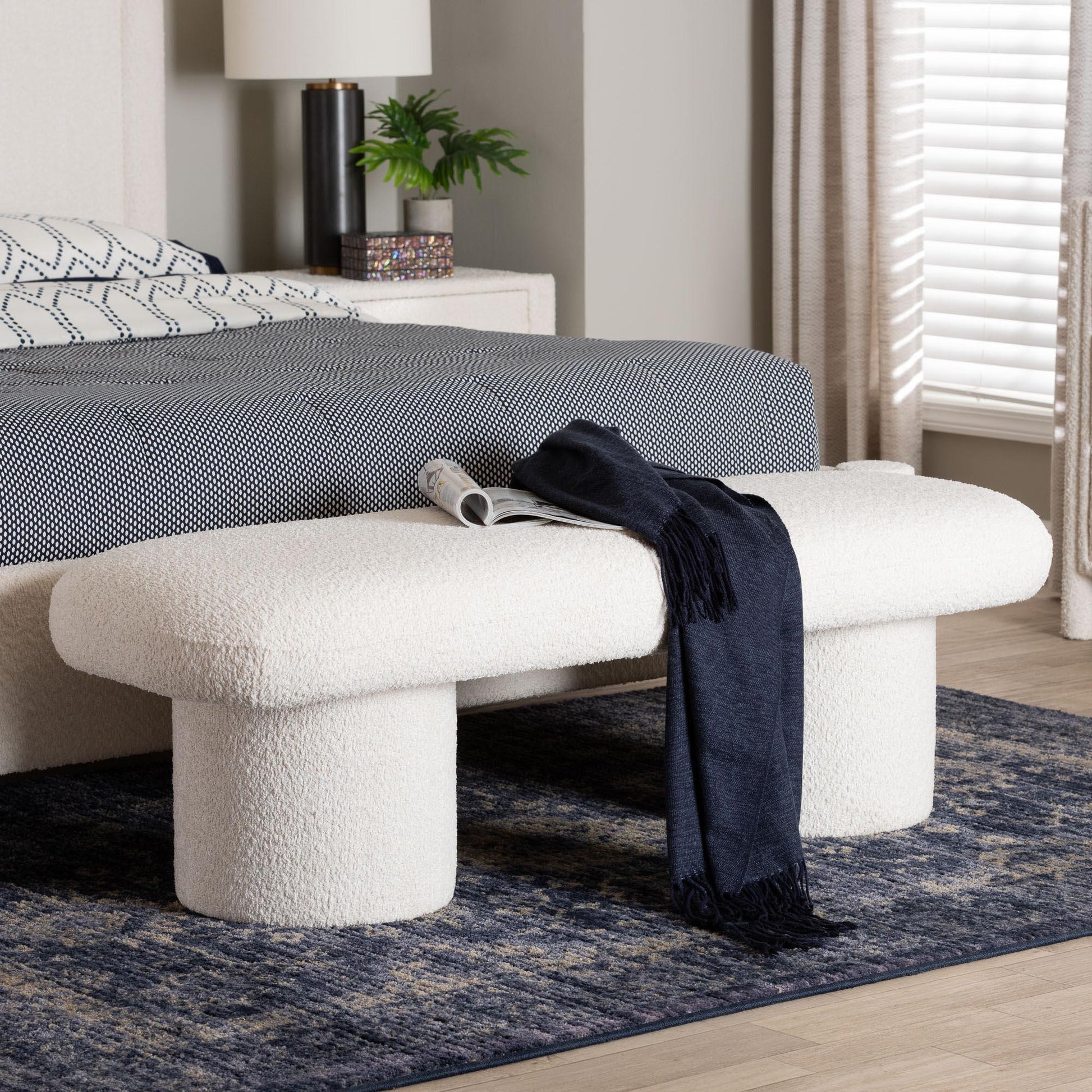 Baxton Studio Laria Modern White Teddy-Bear Fabric Accent Bench FredCo
