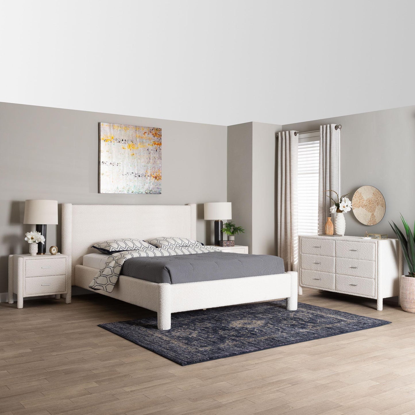 Baxton Studio Laria Modern White Teddy-Bear Fabric Queen Size 4-Piece Bedroom Set FredCo