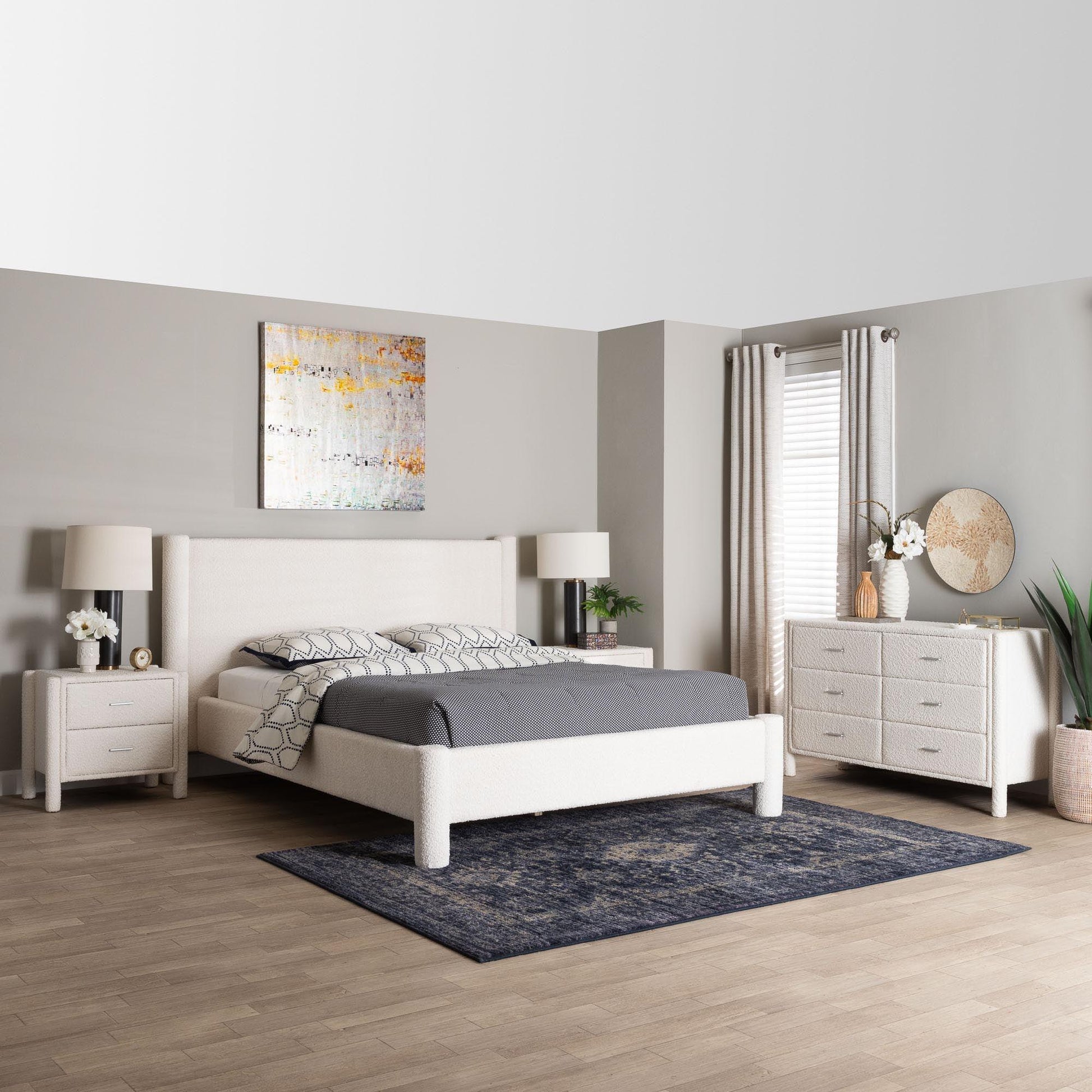Baxton Studio Laria Modern White Teddy-Bear Fabric Queen Size 4-Piece Bedroom Set FredCo