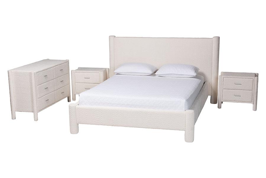 Baxton Studio Laria Modern White Teddy-Bear Fabric Queen Size 4-Piece Bedroom Set FredCo