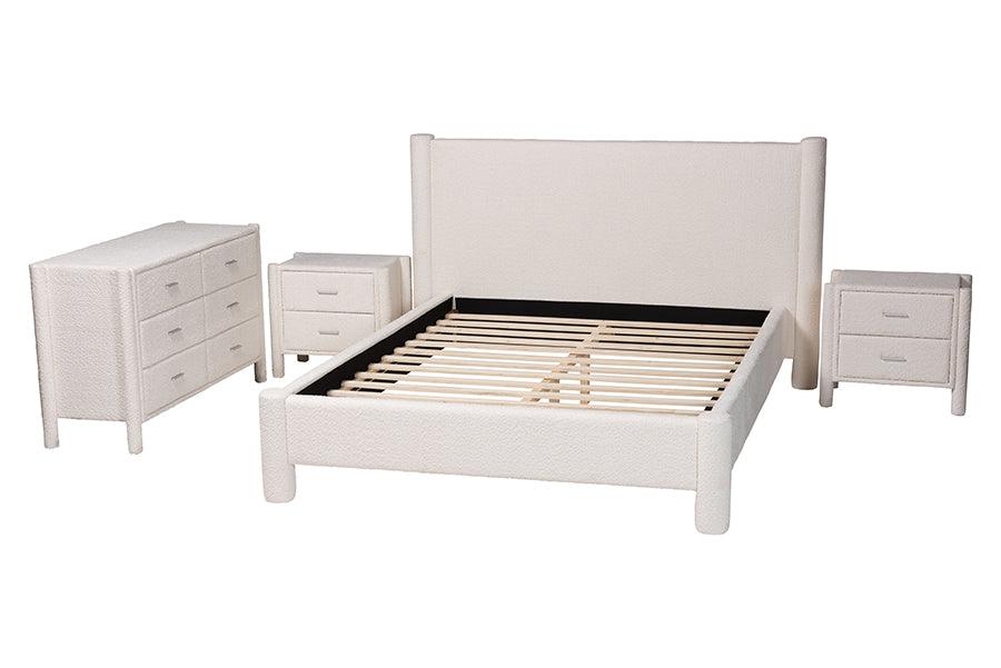 Baxton Studio Laria Modern White Teddy-Bear Fabric Queen Size 4-Piece Bedroom Set FredCo