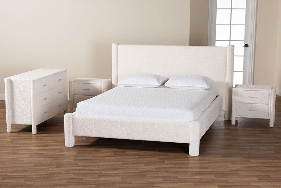 Baxton Studio Laria Modern White Teddy-Bear Fabric Queen Size 4-Piece Bedroom Set FredCo