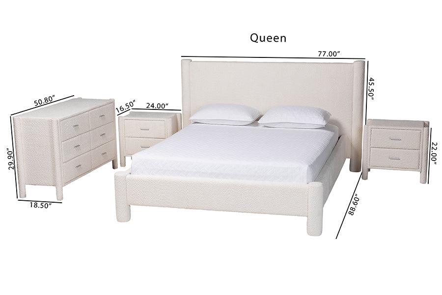Baxton Studio Laria Modern White Teddy-Bear Fabric Queen Size 4-Piece Bedroom Set FredCo