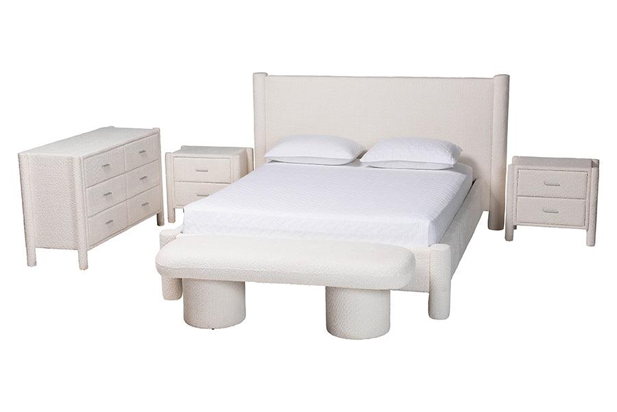 Baxton Studio Laria Modern White Teddy-Bear Fabric Queen Size 5-Piece Bedroom Set FredCo