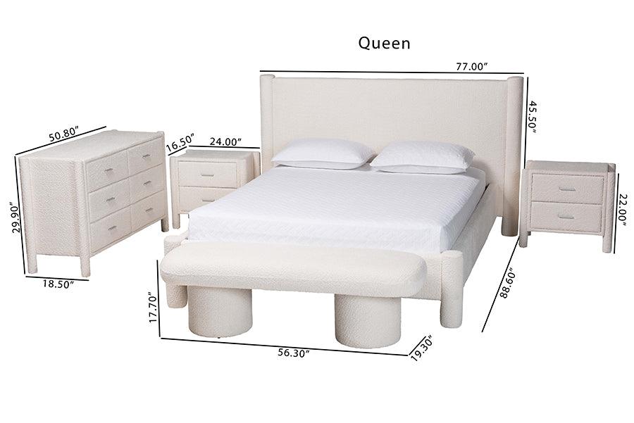 Baxton Studio Laria Modern White Teddy-Bear Fabric Queen Size 5-Piece Bedroom Set FredCo