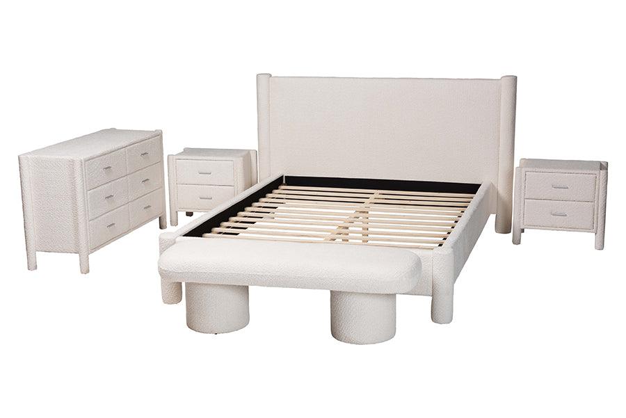 Baxton Studio Laria Modern White Teddy-Bear Fabric Queen Size 5-Piece Bedroom Set FredCo