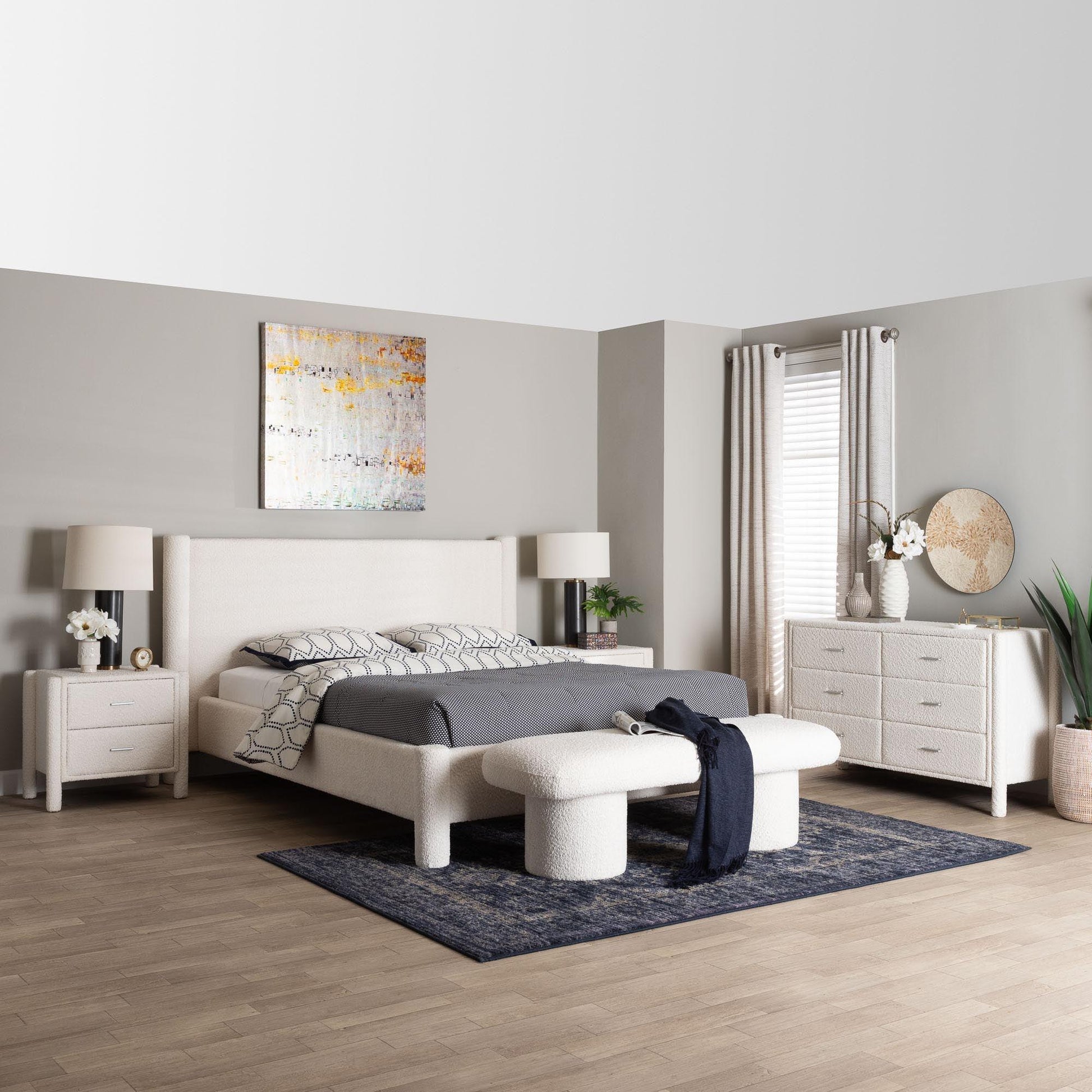 Baxton Studio Laria Modern White Teddy-Bear Fabric Queen Size 5-Piece Bedroom Set FredCo