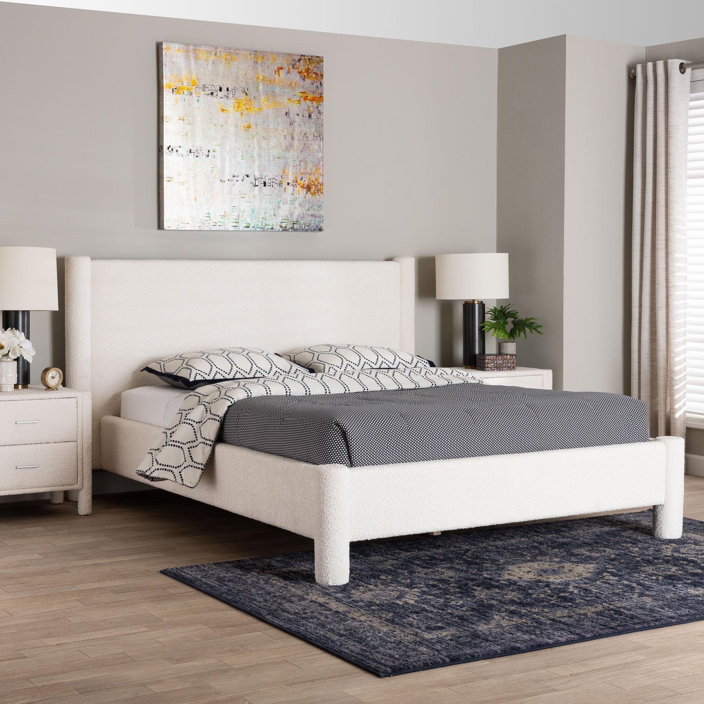 Baxton Studio Laria Modern White Teddy-Bear Fabric Queen Size Platform Bed FredCo