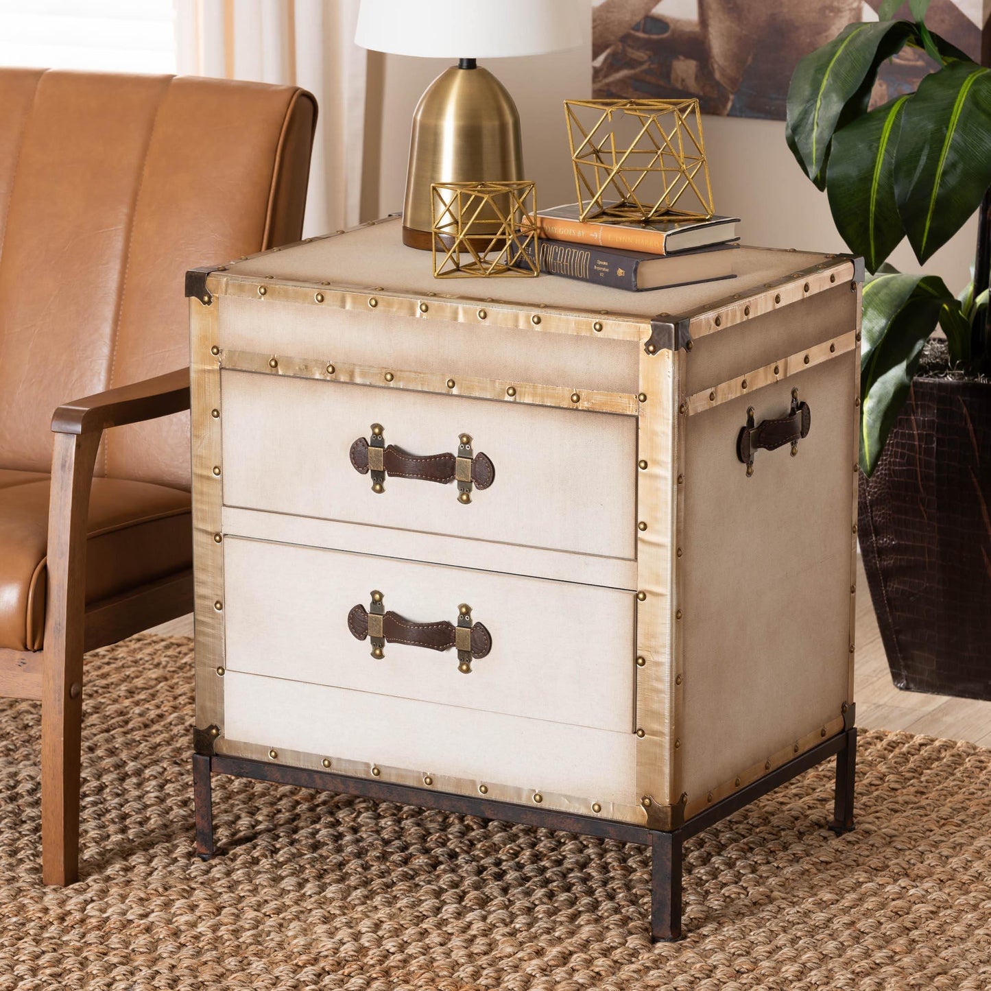 Baxton Studio Laura Vintage White Canvas 2-Drawer End Table Trunk FredCo