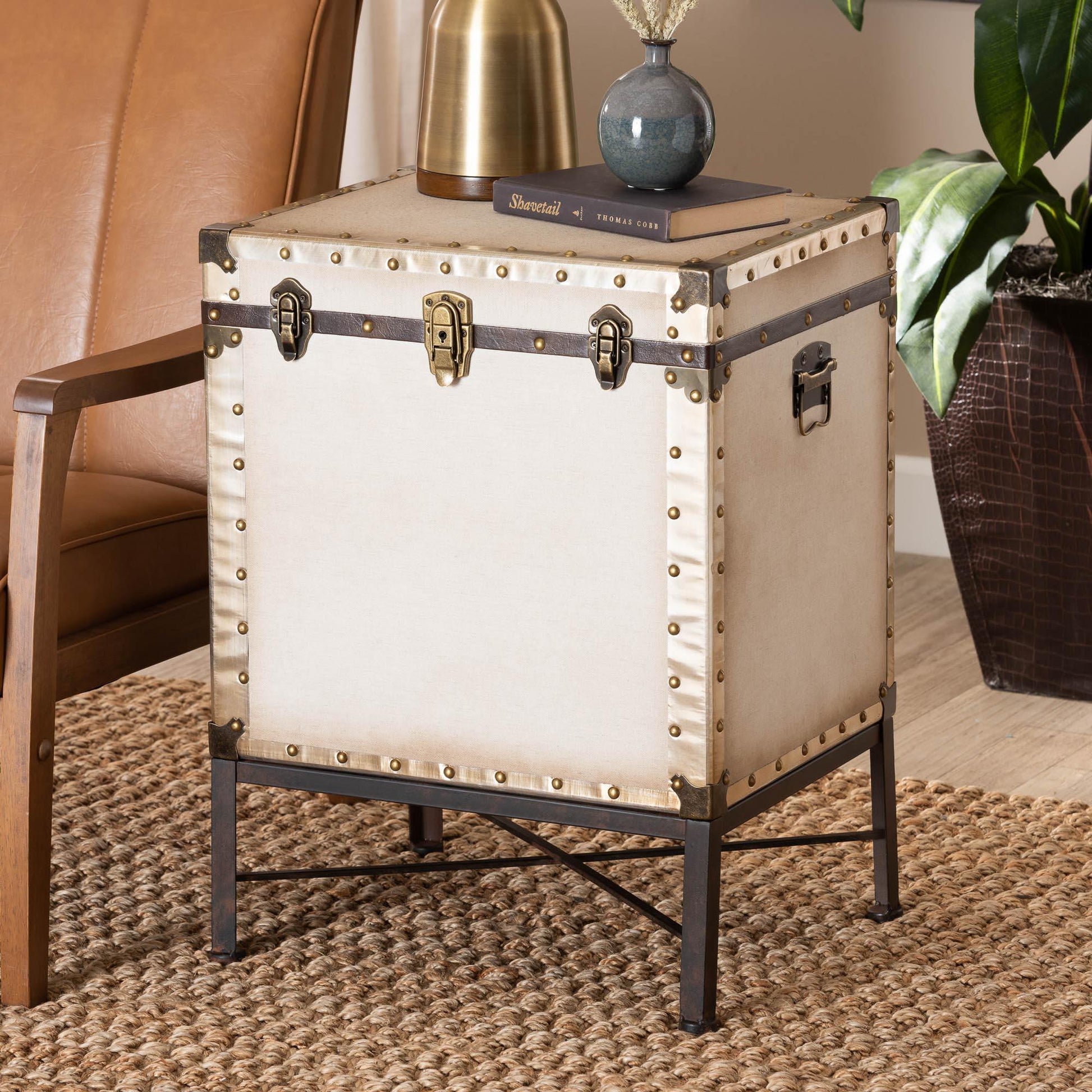 Baxton Studio Laura Vintage White Canvas Lift-Top Trunk End Table FredCo
