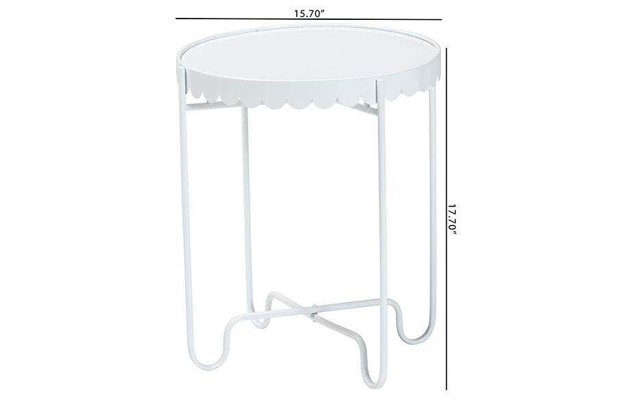 Baxton Studio Laverne White Metal Side Table with Scalloped Tray Top - Round Accent Table with Decorative Base for Indoor or Semi-Outdoor Use FredCo