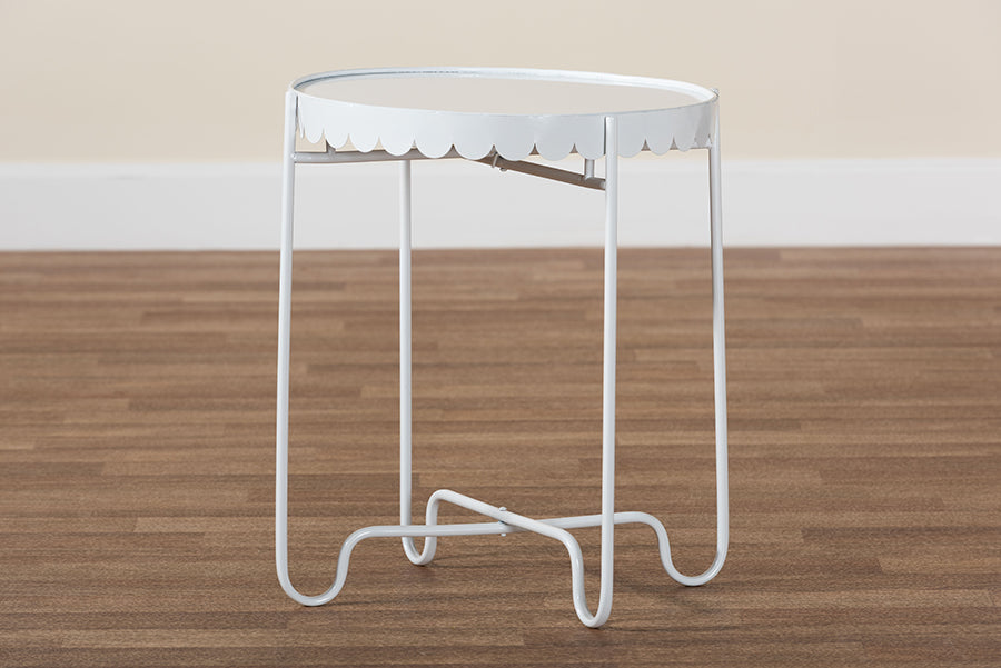 Baxton Studio Laverne White Metal Side Table with Scalloped Tray Top - Round Accent Table with Decorative Base for Indoor or Semi-Outdoor Use FredCo