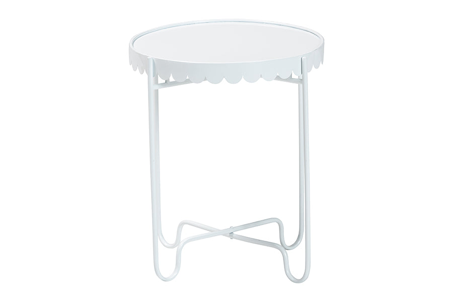 Baxton Studio Laverne White Metal Side Table with Scalloped Tray Top - Round Accent Table with Decorative Base for Indoor or Semi-Outdoor Use FredCo