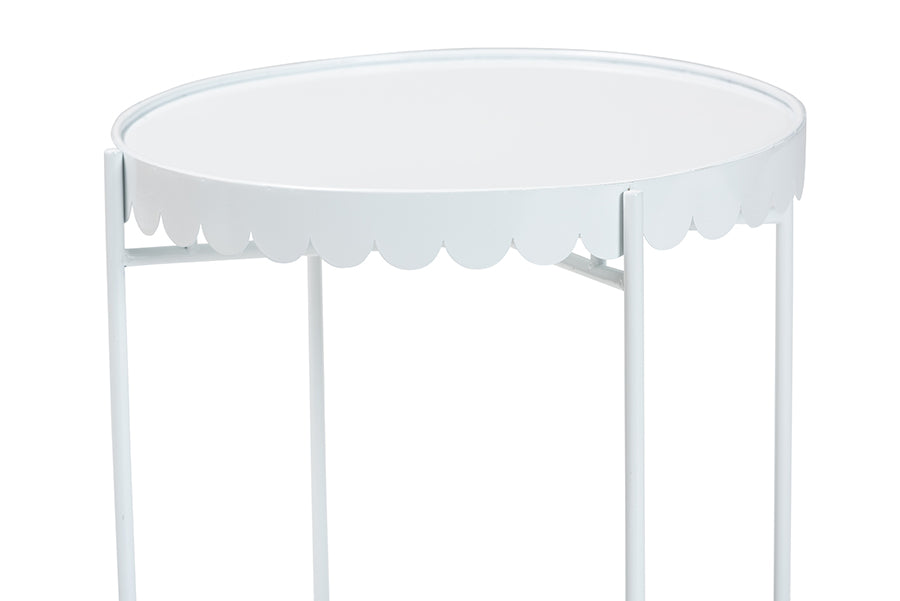 Baxton Studio Laverne White Metal Side Table with Scalloped Tray Top - Round Accent Table with Decorative Base for Indoor or Semi-Outdoor Use FredCo