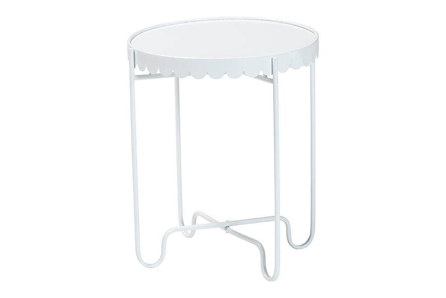 Baxton Studio Laverne White Metal Side Table with Scalloped Tray Top - Round Accent Table with Decorative Base for Indoor or Semi-Outdoor Use FredCo