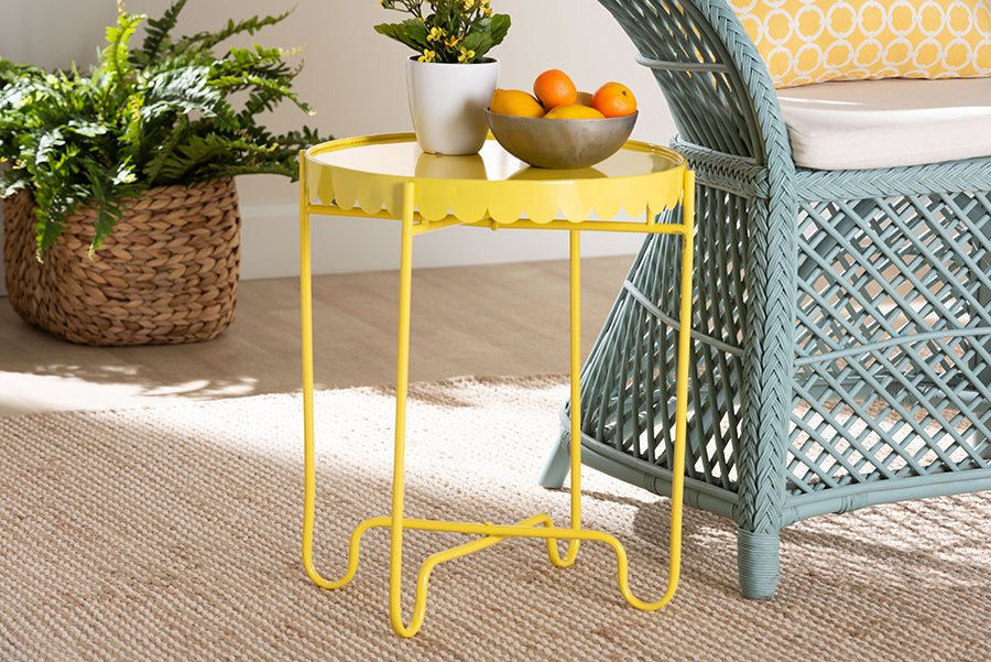 Baxton Studio Laverne Yellow Metal Side Table with Scalloped Tray Top - Round Accent Table with Decorative Base for Indoor or Semi-Outdoor Use FredCo